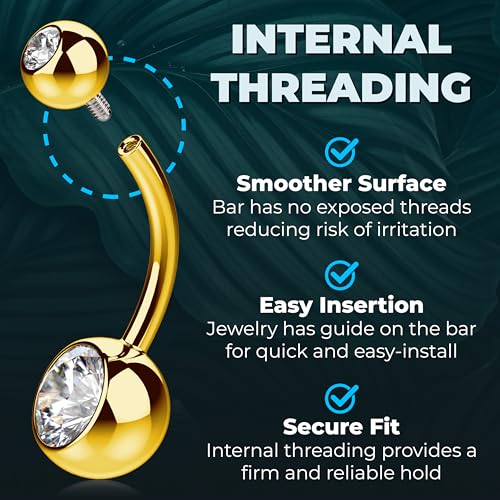 Internally Threaded Belly Button Ring G23 Titanium with Grade AAAAA Cubic Zirconia - 14g Implant Grade Titanium Belly Ring Piercing Jewelry Internal Thread - Bellybutton Rings Navel Jewelry For Women - color: Gold - 8mm