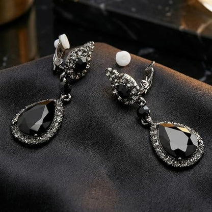 Mariell Black Crystal Teardrop Dangle Earrings, Jewlery for Brides, Bridesmaids, Prom and Wedding Parties - color: Black Clip On