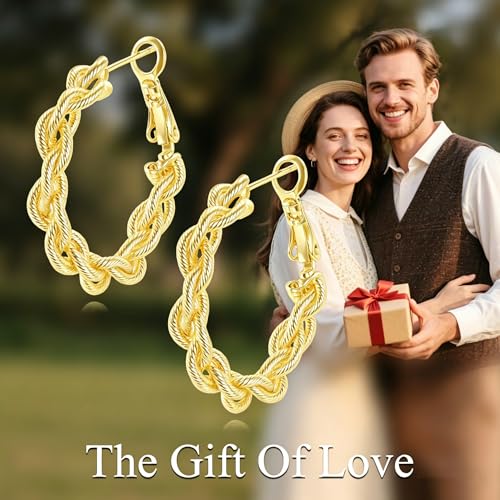 14K Gold Braided Texture Hoop Earring, 32/40mm Twist Rope Design Round Hoop Earrings for Women Gold Jewelry Gifts for women - style: Twisted Braided Earrings-32mm