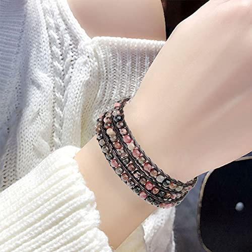Genuine Stone Wrap Bracelets for Women Natural Crystal Beaded Wrap Bracelet 2/3/5 Adjustable Bohemian Bracelets Jewelry Gifts for Women Mom - color: rhodonite(3 wraps)