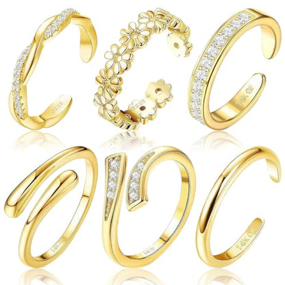 6pcs Toe Rings Set for Women - Adjustable 14K Gold Filled Open Bands, Non Tarnish Hypoallergenic Summer Beach Foot Jewelry with Flowers, Plain Styles