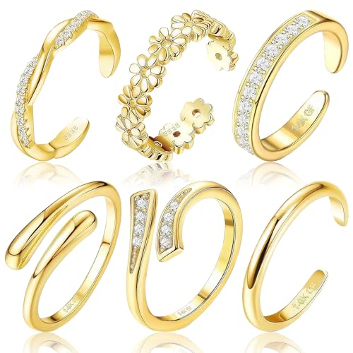 6pcs Toe Rings Set for Women - Adjustable 14K Gold Filled Open Bands, Non Tarnish Hypoallergenic Summer Beach Foot Jewelry with Flowers, Plain Styles