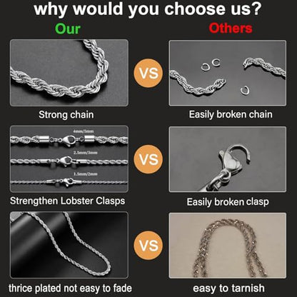 24K Gold Plated Rope Chain Stainless Steel Twist Chain Necklace Men Women - color: Stainless Steel, size: 20 Inches