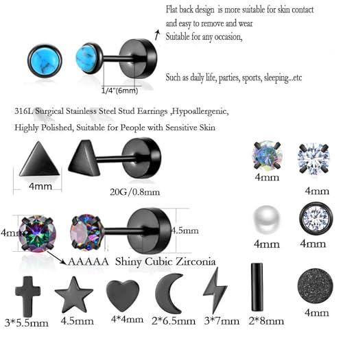 38Pcs Stainless Steel Earrings Set for Women Men 14K Gold Plated Small Flat Back Stud Earrings Hoop Earrings Women Men Hypoallergenic Cubic Zirconia Earrings Cartilage Earrings Rook Daith Tragues Lobe Conch Septum Piercing Jewelry - color: C:Black