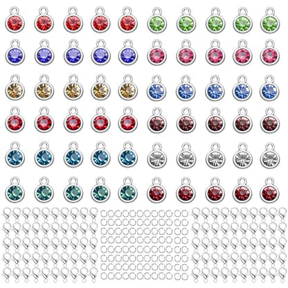 BetterJonny 260pcs Charms for Jewelry Making, 60pcs Gold Crystal Birthstone Charms Beads with 100 Lobster Clasps and 100 Jump Ring for Necklace Bracelet Earring - color: （#A）Silver Round