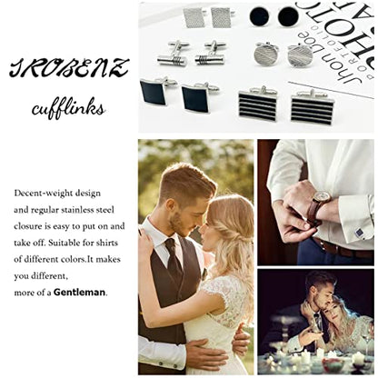 12 Pairs Cufflinks for Men Silver Black Striped Disc Square Rectangle Cuff Links Shirt Suit Men’s Cufflinks For Wedding Groom Business Elegant Gift Box - style: Mixed