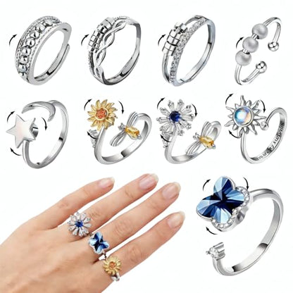 Adjustable Fidget Spinner Rings for Anxiety, 9 Pcs Silver Metal Rotatable Bands to Relieve Stress, Calming Worry Jewelry for Women Men, Durable Open Ring Set