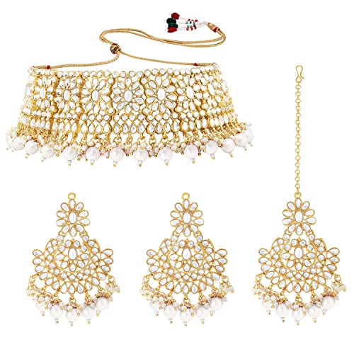 Aheli Faux Pearl Choker Necklace with Earrings Indian Traditional Bollywood Jewelry Set Gift for Women - color: White & Gold
