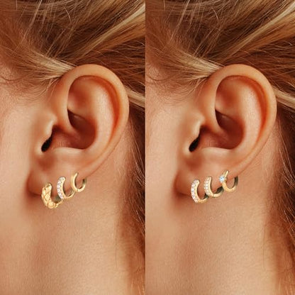 Wgoud Small Gold Hoop Earrings Set for Women, 6 Pairs 14K Gold Plated Hypoallergenic Lightweight Huggie Hoops Earrings, Trendy Cartilage Cubic Zirconia Earrings for Women Gifts. - color: E-Gold hoops