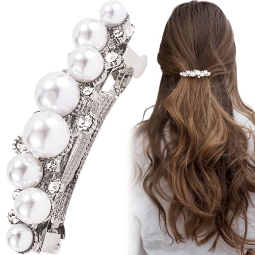 Pearl Hair Clips for Women, Vintage Silver Plated Pearl Barrettes, Non Slip Elegant Bridal Hair Clip for Wedding Party Prom - 1pc
