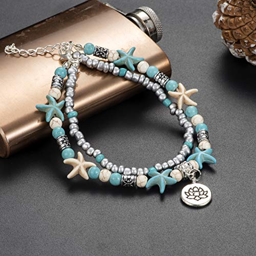 Softones Blue Starfish Turtle Anklet Multilayer Charm Beads Sea Handmade Boho Anklet Foot Jewelry for Women - style: S:Flower
