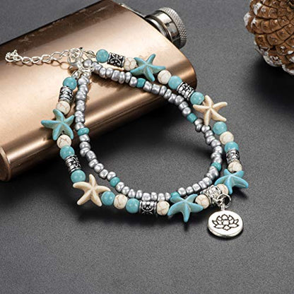 Softones Blue Starfish Turtle Anklet Multilayer Charm Beads Sea Handmade Boho Anklet Foot Jewelry for Women - style: S:Flower