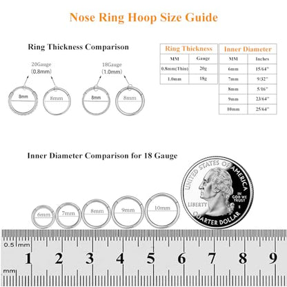 MissNity 316L Surgical Steel Hinged Nose Rings Hoop 20G 18G 16G 14G, Diameter 6mm to 10mm, Color Gold - Rose Gold - Silver - Black - Rainbow - color: D31: Silver & clear cz - 2pcs