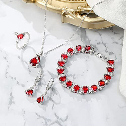 Jewelry Set for Bride, Sparkling Water Drop Cubic Zirconia Crystal Pendant Necklace Leverback Earrings Tennis Bracelet Adjustable Ring Gift for Wedding/Birthday/Mother's Day/Christmas - color: 04-Ruby Color Silver-Tone