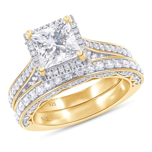 6MM Center Halo Princess Cut Bridal Set Engagement Ring for Women, 2 CT | Metal: Sterling Silver|Stone: Moissanite - color: Yellow Gold
