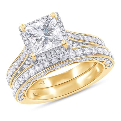 6MM Center Halo Princess Cut Bridal Set Engagement Ring for Women, 2 CT | Metal: Sterling Silver|Stone: Moissanite - color: Yellow Gold