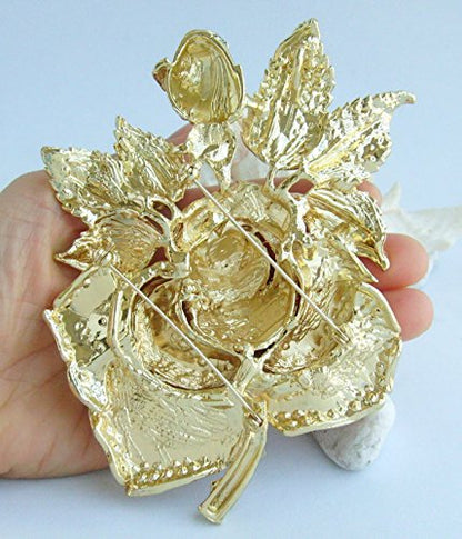 Gorgeous Wedding 5.32" Big Rose Flower Brooch Pin Austrian Crystal Pendant BZ2994 - color: Gold-Tone Clear