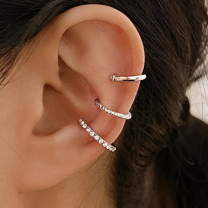 3Pcs Ear Cuffs Non Piercings for Women, Trendy Cubic Zirconia Gold Silver Clip On Cuff Earrings Set Jewelry Dainty Fake Cartilage Earring - color: Silver