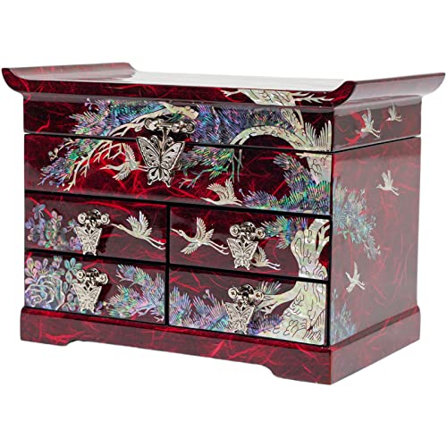 February Mountain Mother of Pearl Wooden Jewelry Organizer Box – Jewelry Storage Box for Women, Features Spacious Drawers, Ideal for Rings, Bracelets, Watches, Chains, Accessories (Crane_Red) - style: Crane_Red