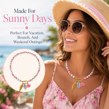 LIU JUN Colorful Beaded Necklace for Women, Chunky Boho Fish Starfish Conch Pendant Acrylic Bead Necklaces Cute Y2K Summer Beach Jewelry Gifts - color: Fish+Evil Eye