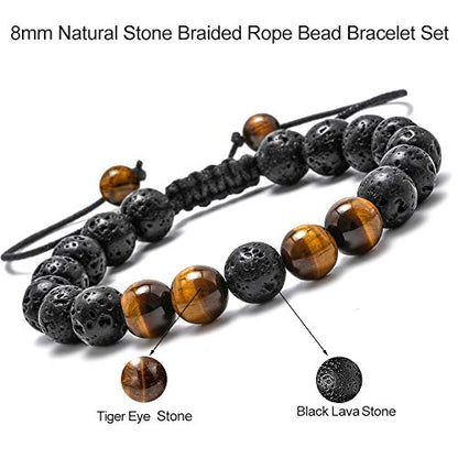 M MOOHAM Mens Bracelet - Beaded Natural Stone 8mm Tiger Eye Matte Agate Lava Rock Bracelets for Men Teen Boys Grandpa Dad Birthday Gifts Jewelry - style: Lava Rock&Yellow Tiger Eye Bracelets