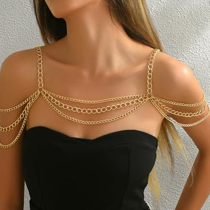 Gold Body Chain Shoulder Necklace Body Chain Layered Tassel Shoulder Chain for Festival Party Bridal Wedding Body Jewelry