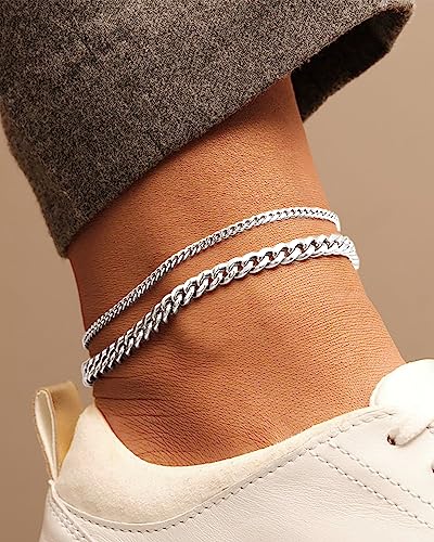Sterling Silver Ankle Bracelets for Women Strong Lobster Clasp - Cuban Link, Figaro, Rope, Flat Mariner, Snake Herringbone, Satellite, Paperclip - Summer Beach Waterproof Silver Anklet - color: Curb, Chunky Curb,Snake