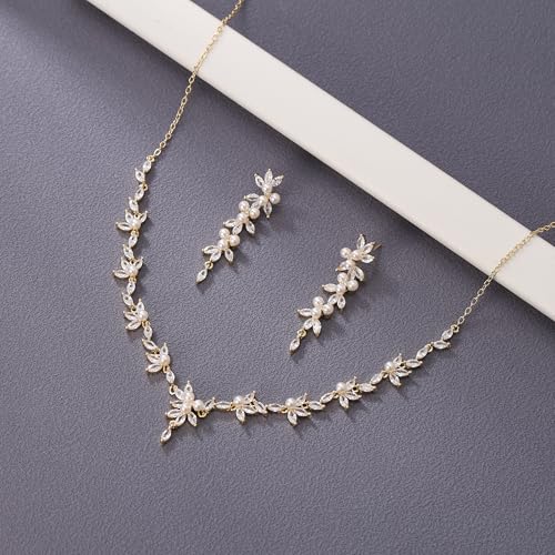 EleQueen Women's Simulated Pearl Wedding Jewelry Set for Brides | Cubic Zirconia Necklace Earrings Bracelet Set for Brides Bridesmaids, Bridal Jewelry Set for Anniversary/Memorial Day - style: Pearl Necklace Earrings Set Gold-Tone