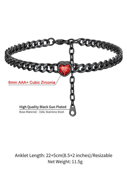 ChainsHouse Cuban Chain Anklets for Women with Heart Birthstone Jan - Dec | Stainless Steel Black Link Chain Ankle Bracelet with Birthstone, Beach Women Anklet 22cm-27cm Adjustable, with Gift Box - color: 07. Jul.-Ruby-Black