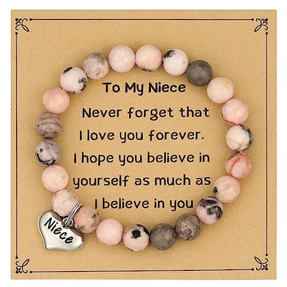 MIXJOY Inspirational Gifts for Women, Heart Charm Pink Elastic Beads Bracelet, Positive Affirmations Get Well Soon Gifts - style: niece charm to my niece never pink