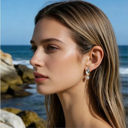 Retro Blue White Leaf Pearl Earrings for Women Light Luxury Faux Pearl Earrings Zinc Alloy Pearl Drop Earrings Casual Daily Wear Accessories for Parties