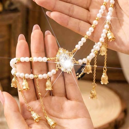 Yokawe Pearl Head Chain with Crystal Pendant, Gold Boho Hair Accessories, Rhinestone Bridal Headpiece, Festival Jewelry for Women