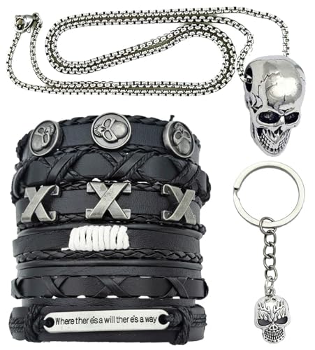 8Pcs Punk Leather Bracelet Set for Men & Women, 6Pcs Braided PU Cuffs, Necklace & Keychain, Adjustable, Stackable - style: Skull
