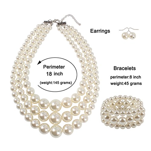 KOSMOS-LI Women's 3 Layer Simulated Pearl Statement 18" Necklace Bracelet and Earrings Jewelry Set Stocking Stuffers - color: ivory