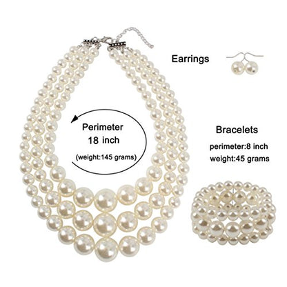 KOSMOS-LI Women's 3 Layer Simulated Pearl Statement 18" Necklace Bracelet and Earrings Jewelry Set Stocking Stuffers - color: ivory