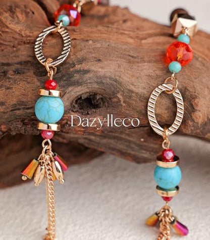 Long Gold Boho Necklaces for Women Beaded Statement Chain Long Necklace Gold Costume Jewelry Birthday Gifts for Her - color: Colorful