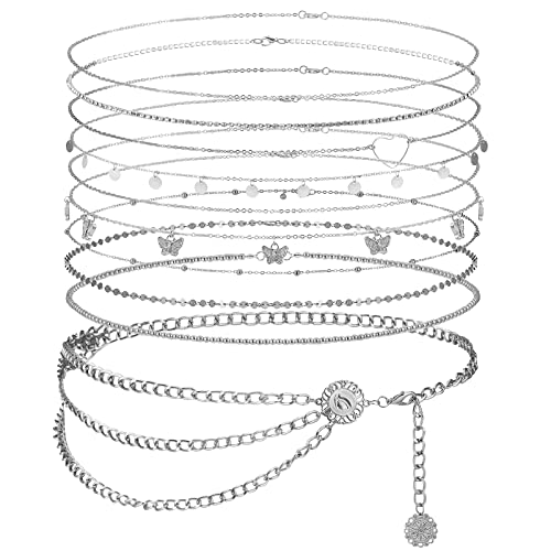 Lenwen 10 Pcs Summer Beach Belly Chain Adjustable Waist Multi Layered Chain Waist Jewelry for Women Girls Multilayer Body - color: Silver, style: Stylish Style