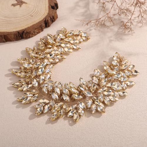 Missgrace Women Silver Green Black Red Blue Handmade Full Crystal Rhinestone Large Headband Hair Vine Shinny Headpiece Bridal Wedding Hair Accessories for Women (Champagne) - color: Champagne