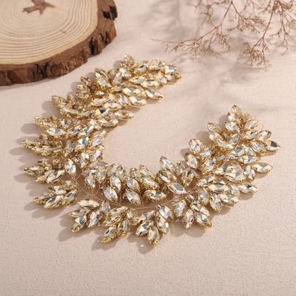 Missgrace Women Silver Green Black Red Blue Handmade Full Crystal Rhinestone Large Headband Hair Vine Shinny Headpiece Bridal Wedding Hair Accessories for Women (Champagne) - color: Champagne