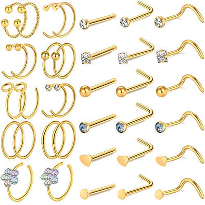 ONESING 9-40 Pcs Nose Rings - Hoops, Studs & L Shape - Hypoallergenic Stainless Steel Nose Piercings for Women & Men - color: gold