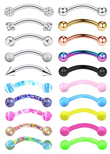 20-48Pcs 16G Eyebrow Piercing Rook Curved Barbell Kit Eyebrow Tragus Lip Rings for Women Men 8-10mm - color: A: 20pcs 8mm bar length