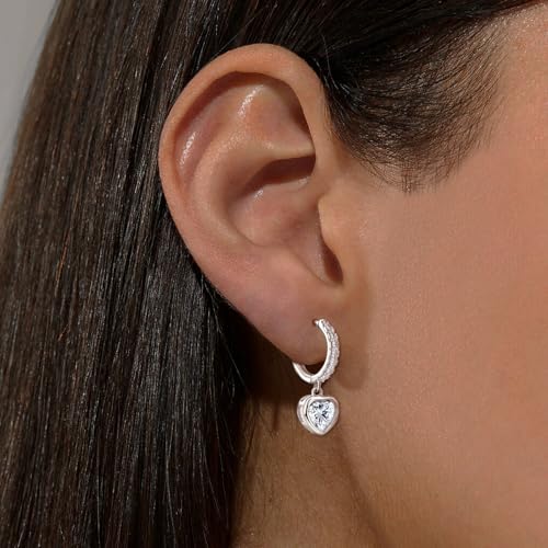 Heart Hoop Earrings with Dangle Sterling Silver Love Heart-Shaped Loop Earrings for Women Hypoallergenic Sparkle Birthstone Cubic Zirconia Hoop Earring with Dangling Charms Dainty Fashion Jewelry Gift - color: Silver