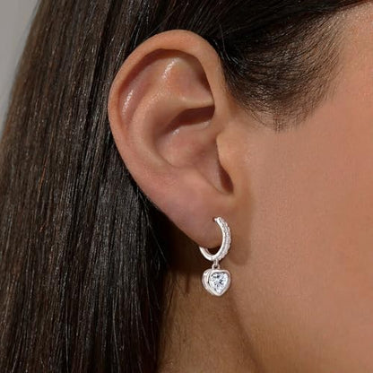 Heart Hoop Earrings with Dangle Sterling Silver Love Heart-Shaped Loop Earrings for Women Hypoallergenic Sparkle Birthstone Cubic Zirconia Hoop Earring with Dangling Charms Dainty Fashion Jewelry Gift - color: Silver