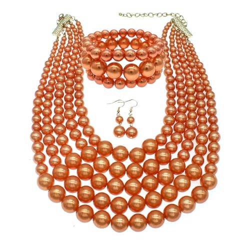 Faux Big Pearl Srand Necklaces for Women 5 Layers Pearls Choker Bib Collar Necklace Bracelet and Earrings set 1920s Costume Pearl Jewelry Bridal Wedding - color: orange