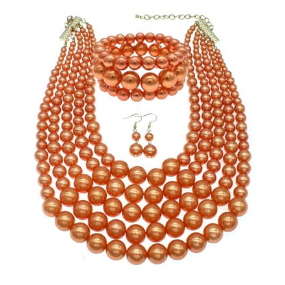 Faux Big Pearl Srand Necklaces for Women 5 Layers Pearls Choker Bib Collar Necklace Bracelet and Earrings set 1920s Costume Pearl Jewelry Bridal Wedding - color: orange