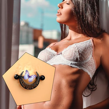 Melighting Black Nipple Rings 14G Pattern Piercing Jewelry for Women - Stainless Steel 316L Moon Barbell