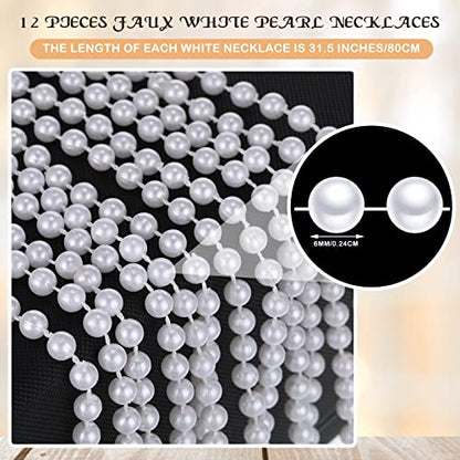 Sureio 12 Pack Fake Pearl Necklace Bulk Long Pearl Women's Girl's Jewelry 1920s White Pearls Party Favors Wedding Bridal Shower Tea Birthday Decorations
