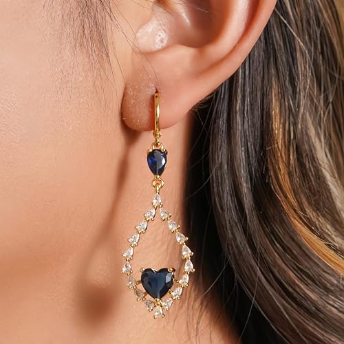 18K Gold Plated Flower Dangle Earrings for Women, Hypoallergenic Cubic Zirconia Earrings, Elegant CZ Drop Earrings, Statement Jewelry Gifts Party Fashion - style: OBS7508-Navy