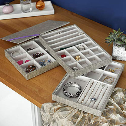 Household Essentials Stackable Jewelry Trays, 3 Varieties, Space for Necklaces, Rings and Earrings, Blended Canvas with Felt Interior, Perfect for Drawers and Closet Shelves, Latte - color: Latte