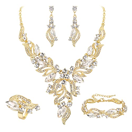EVER FAITH Bridal Wedding Marquise Crystal Leaf Cluster Statement Y-Shaped Necklace Earrings Bracelet Ring Set for Prom - color: Clear Gold-Tone